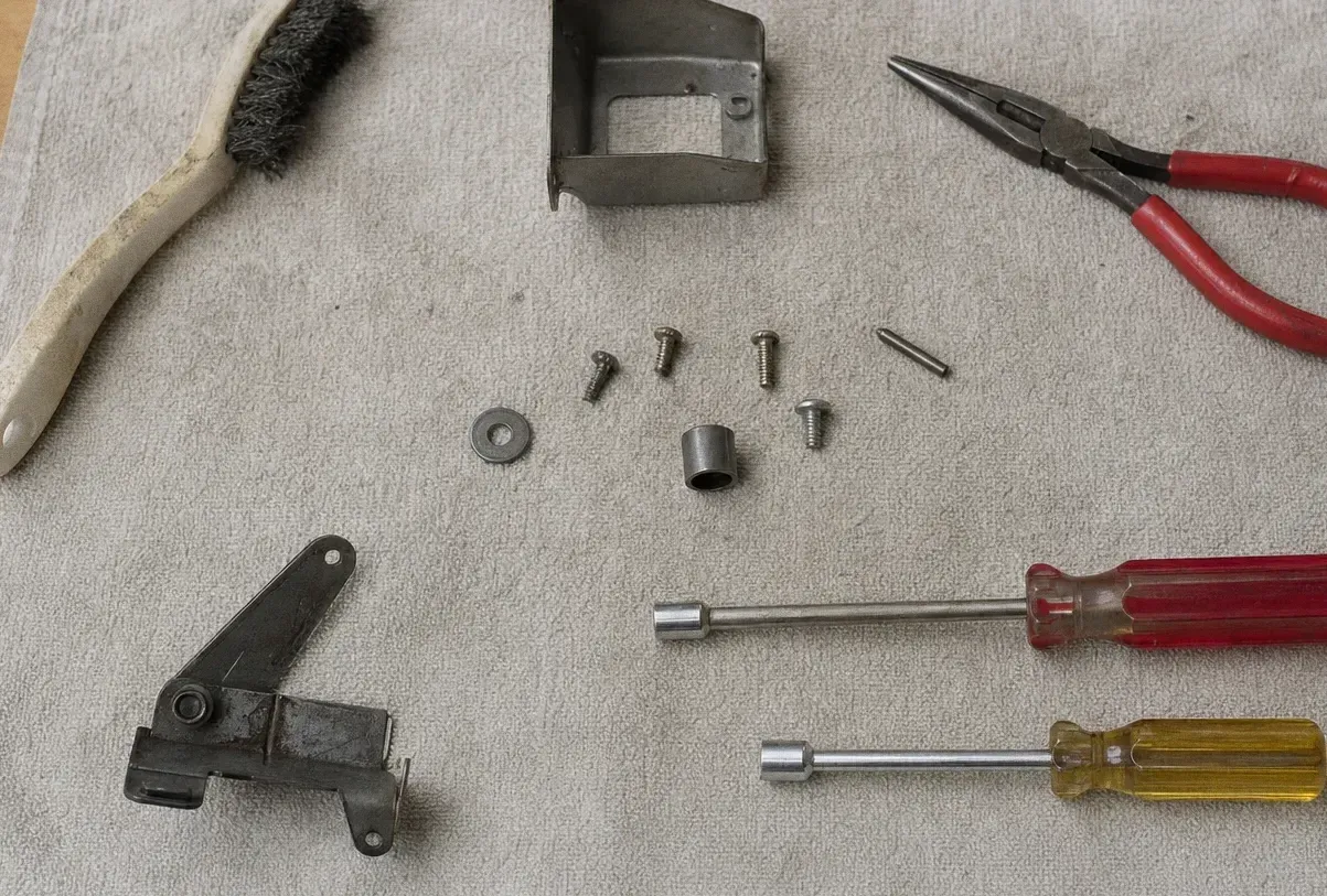 A hinge bracket and a sheet-metal shield on a canvas cloth beside bushings, screws and a nut driver