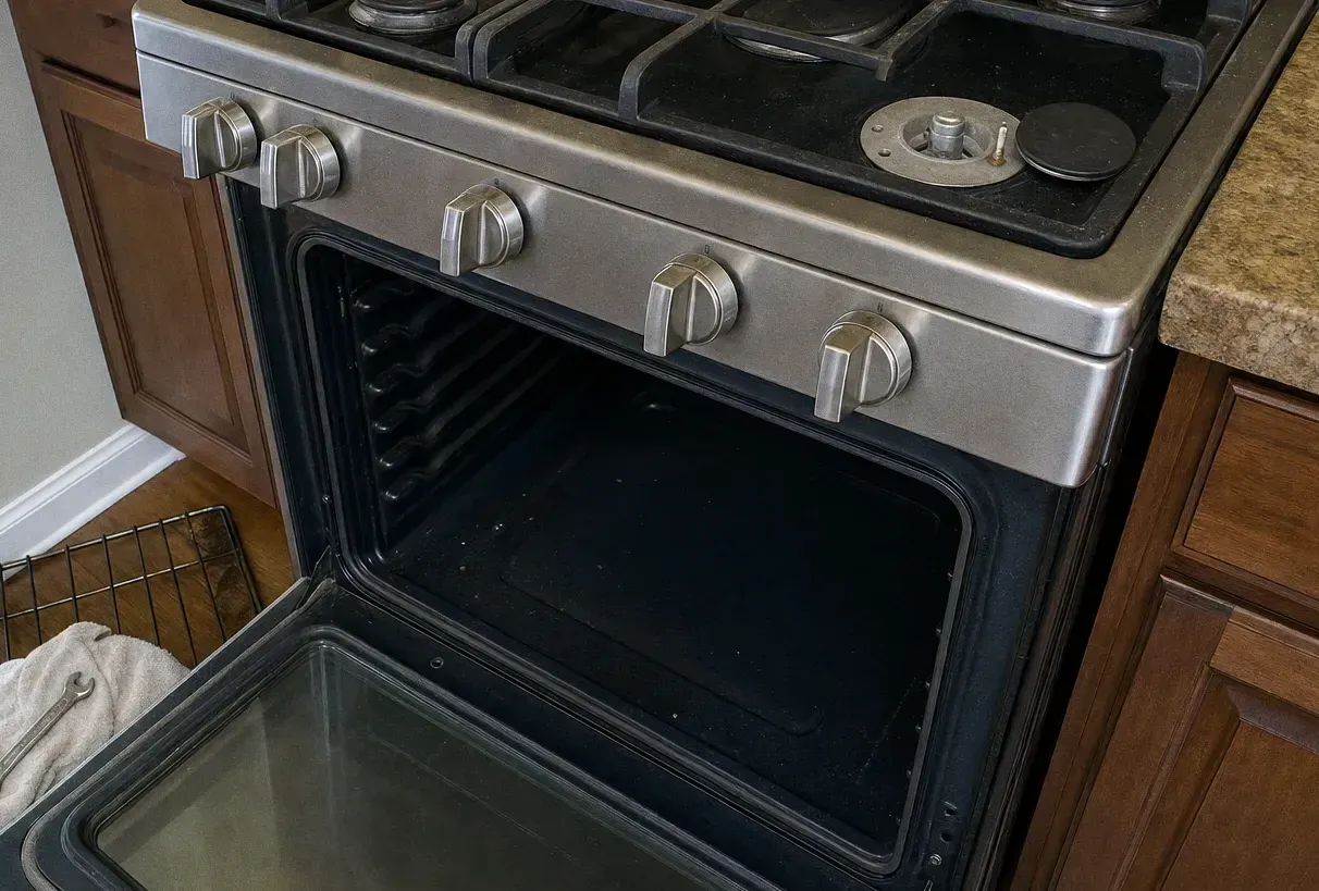 A stainless range with the oven door lowered on an empty cavity and the gas cooktop above it